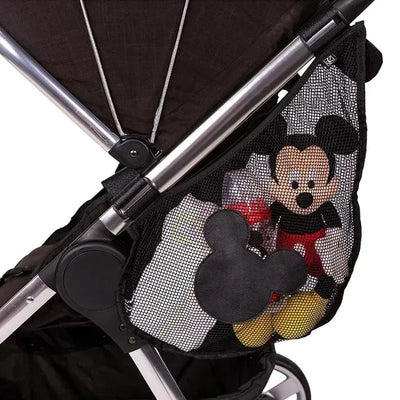 J.L. Childress Side Sling Stroller Cargo Net in Mickey Black, featuring Mickey Mouse design and storage for baby items.