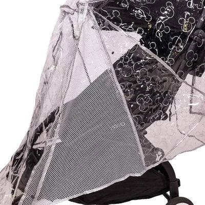 Universal stroller rain cover in metallic design featuring Mickey Mouse patterns, with mesh side for ventilation.