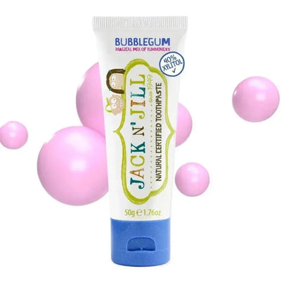 Natural toothpaste for babies and toddlers in a 1.76 oz tube, featuring bubblegum flavor and playful design elements.
