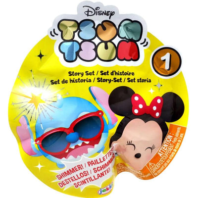 Disney Tsum Tsum 1-Pack blind bag story set featuring Stitch with red sunglasses and Minnie Mouse, in vibrant yellow packaging.