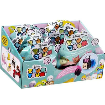 Disney Tsum Tsum blind bag story set displayed in a colorful box, featuring multiple sealed bags of collectible toys.