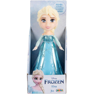 Toddler doll of Princess Elsa from Frozen, wearing a sparkling blue dress, packaged in a display box. Suitable for ages 3+.