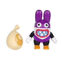 Nabbit figure with black and purple body, large eyes, and toothy grin, accompanied by a beige bag with a yellow spot.