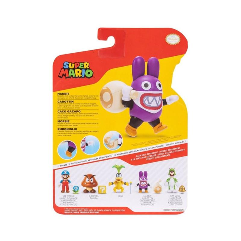 Jakks 4In Figures Wave 49 Nabbit, a purple figure with a bag, featuring articulation details and characters from Super Mario.