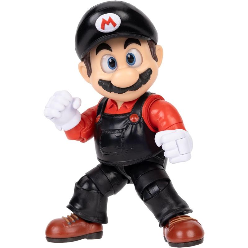 Flying Mario action figure in black overalls and red shirt, posed with an enthusiastic expression and fist raised.