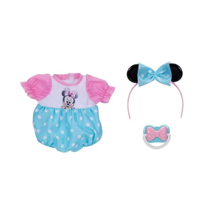 Baby Minnie Deluxe doll outfit featuring a pink and turquoise polka dot dress, headband, and pacifier.