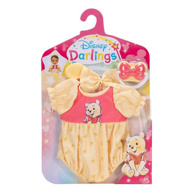 Disney Darlings Deluxe Baby Doll Pooh Dress-Up Fashion Pack featuring a yellow dress with a Pooh graphic and a matching bow.