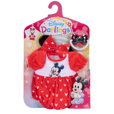 Red Disney Darlings Mickey Baby Doll clothing set with bow, featuring Mickey Mouse designs, packaged on a colorful background.