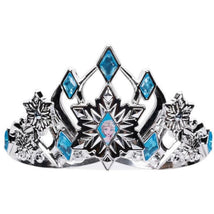 Disney Frozen tiara featuring silver design with blue gems and an image of Elsa at the center.