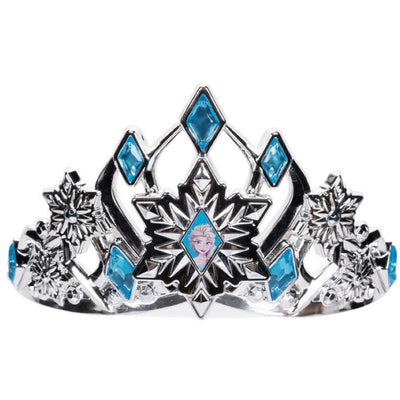 Disney Frozen tiara featuring silver design with blue gems and an image of Elsa at the center.