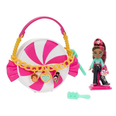 Vanellope inspired doll with a colorful striped bag, accessories, and a comb for hair styling.