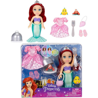 Disney Petite Doll of Ariel, featuring a mermaid outfit, extra pink dress, accessories, and friends Flounder and Sebastian.