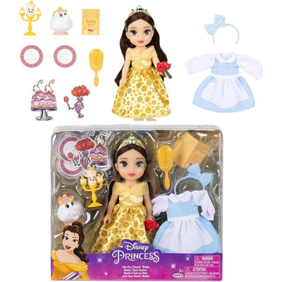 Disney Petite Doll of Belle in a yellow gown, featuring accessories like a second dress, hair bow, and themed items.