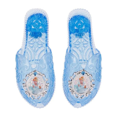 Light blue Cinderella shoes featuring decorative patterns and a circular image of Cinderella on each shoe.