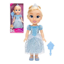 Disney Princess My Friend Cinderella doll wearing a sparkling blue gown, with a matching tiara and a wand accessory beside her.