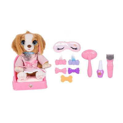 Disney Princess My Pampered Pup set featuring a plush dog, accessories for grooming, and a care outfit, on a pink pet chair.