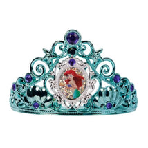 Ariel-themed tiara featuring intricate turquoise design, purple gems, and a central image of Ariel with glitter background.
