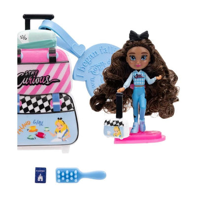 Jakks Disney Tote-Ily Teenies doll representing Alice, wearing blue outfit, with suitcases and accessories including a passport and a brush.