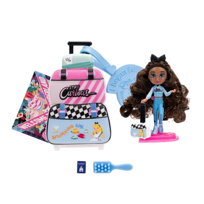Jakks Disney Tote-Ily Teenies set featuring a doll with curly hair, a suitcase, accessories, and Alice-themed items.