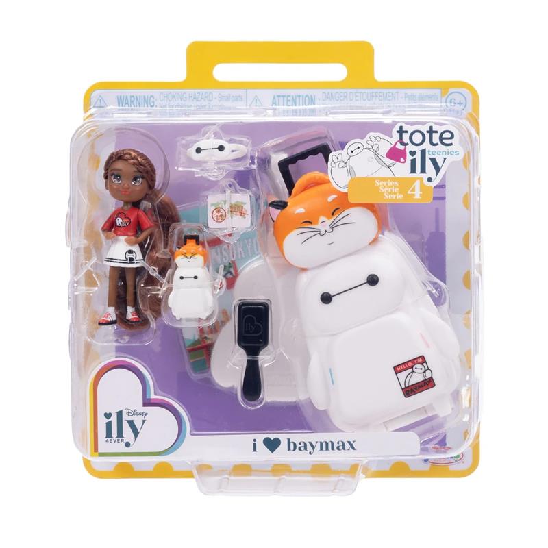 Disney Tote-Ily Teenies set featuring a doll, Baymax character, accessories, and packaging details.