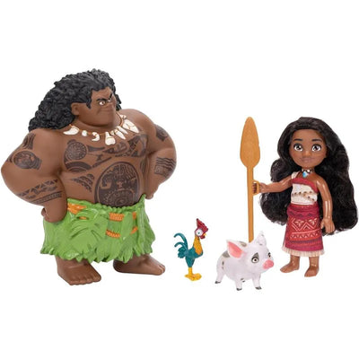 Moana and Maui action figures with a pig and rooster; Moana holds a spear while Maui stands confidently.