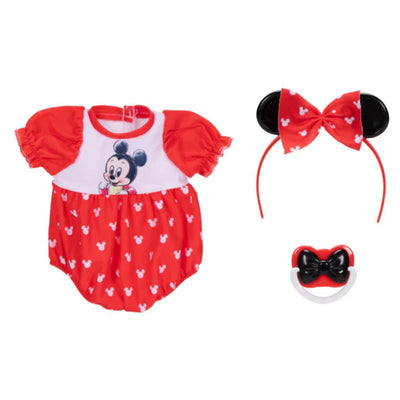 Pink and white deluxe outfit for baby dolls featuring a Mickey Mouse design, matching headband, and pacifier.