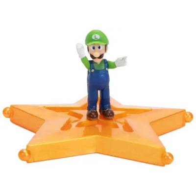Luigi figurine from Jakks Mario Galaxy, standing on an orange star base, waving with a green hat and overalls.