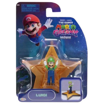 Luigi figure from the Super Mario Galaxy movie with a yellow star backdrop, packaged with Mario above.