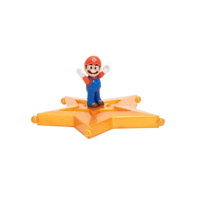 Jakks Mario Galaxy Movie Mario figure standing on an orange star base, smiling and waving.