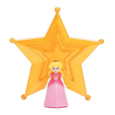 Jakks Mario Galaxy Princess Peach figurine standing in front of a large yellow star.