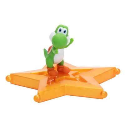 Green Yoshi figurine with a smiling expression standing on an orange star base from the Jakks Mario Galaxy series.