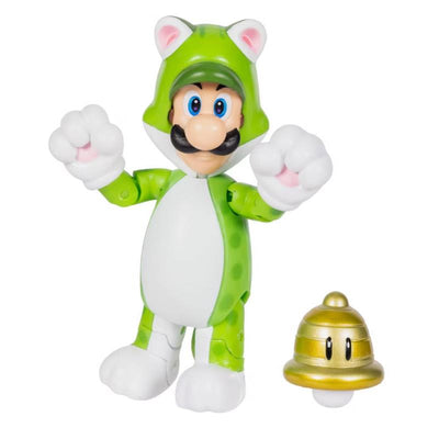 Luigi action figure dressed in a green cat outfit, with a gold bell accessory, showcasing movable limbs.