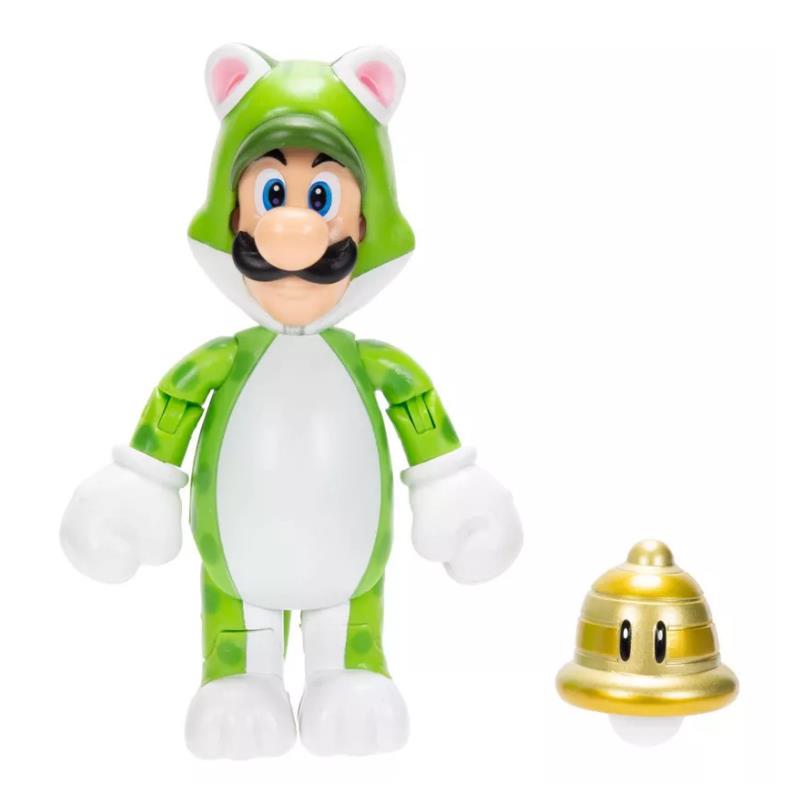 4-inch Cat Luigi action figure wearing a green cat costume with bell accessory, designed for play and collection.