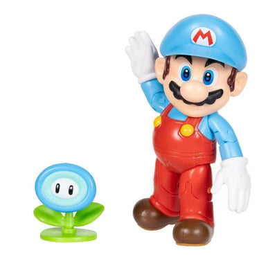 Ice Mario action figure in blue and red outfit, waving, with an Ice Flower accessory beside him.