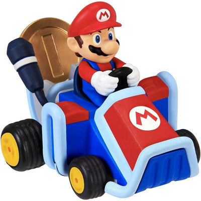 Mario character in a blue and red kart, holding a black steering wheel, with a gold coin behind.