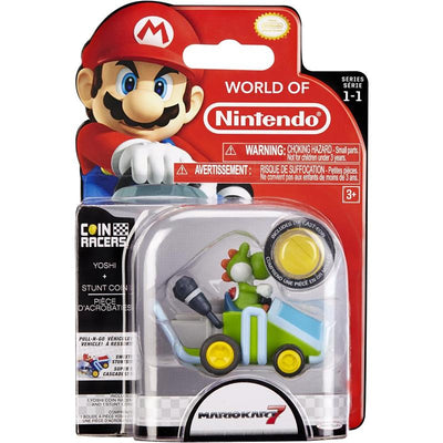 Nintendo Super Mario Coin Racers Yoshi in a pull-back race car with stunt coin, packaged for ages 3 and up.