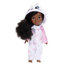 6-inch poseable doll wearing a white and pink cat-themed onesie with paw prints, featuring long curly hair and a friendly expression.