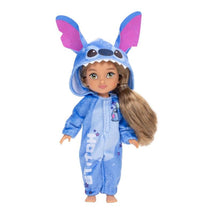 Poseable 6-inch doll dressed in a blue Stitch-inspired onesie with a hood featuring ears and print details.