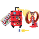 Red suitcase with stickers, a travel doll with long hair and Mickey Mouse-themed outfit, plus travel accessories.