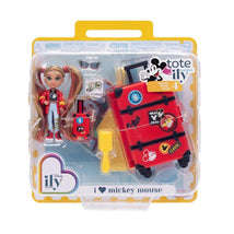 Tween doll set featuring a Mickey Mouse-inspired doll, red suitcase with stickers, and accessories in a clear package.