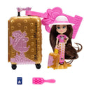 Minnie Mouse-inspired ILY 4ever doll with a golden suitcase, pink accessories, and a hairbrush, featuring travel-themed details.