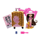 Minnie Mouse-inspired Toddler Doll with a golden suitcase, a pink travel accessory, and a postcard featuring Minnie.