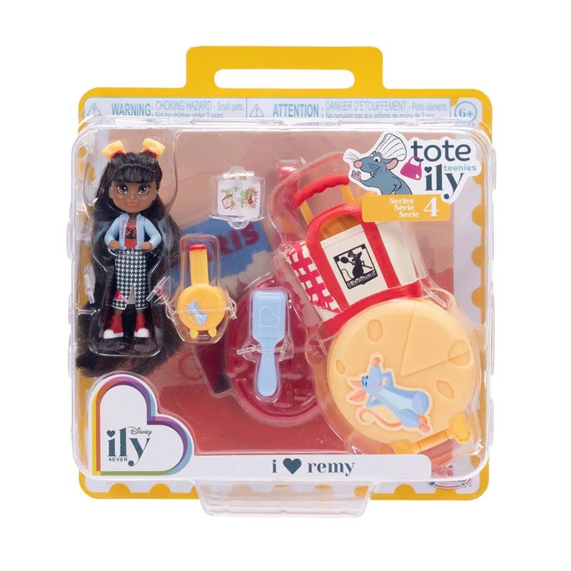 Disney ILY 4ever Tote-ILY Teenies Remy set featuring a doll with accessories including a red bag, cooking tools, and a Remy figure.