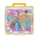 Disney ILY 4ever Tote-ILY Teenies set featuring a doll in a blue dress, a suitcase, and themed accessories including Stitch.