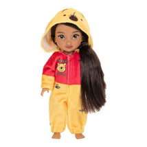 6-inch poseable doll inspired by Winnie the Pooh, wearing a yellow and red outfit with a hood and graphic details.