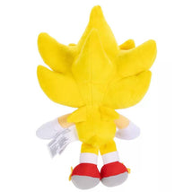 Plush toy of Super Sonic with spiky yellow hair and red shoes, viewed from the back.