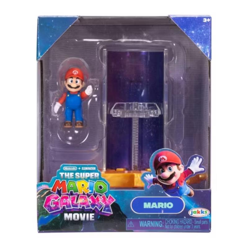1.5” Mario figure from The Super Mario Galaxy Movie with Star Launcher accessory, includes packaging details and choking hazard warning.