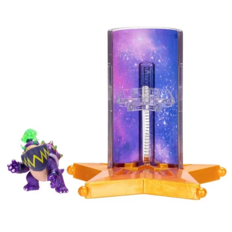 Wonder Bowser Jr. figure in purple with star launcher accessory against a galaxy-themed backdrop.