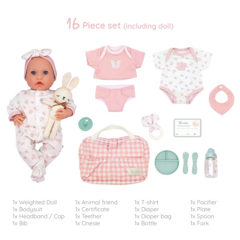 16-piece set including a 15.5” weighted reborn baby doll, outfits, accessories, and a diaper bag.