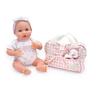 15.5” weighted reborn baby doll wearing a pink butterfly onesie, accompanied by a pink checkered carrying bag.